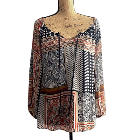 Boston Proper Mixed Print Peasant Blouse Flowy Oversized Bohemian Size Small - Picture 1 of 4